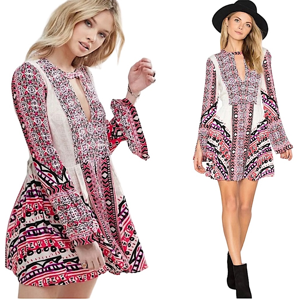 FREE PEOPLE: Boho Keyhole Tegan Boarder Mini Dress- Size 8